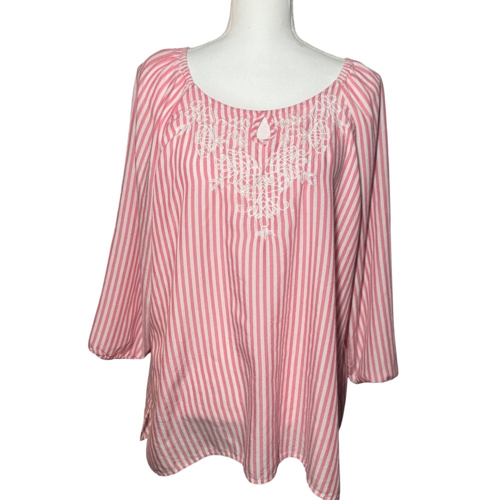 Chico's Striped Peasant Blouse 3 XL Pink White Embroidered 3/4 Sleeve